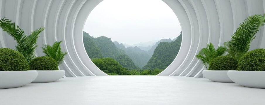 Wellness meditation detox concept. Modern architectural space with circular window showcasing lush green mountainous landscape.