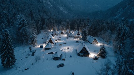 Winter Village Landscape with Snow Covered Homes at Night, Festive Holiday Destination Aerial View