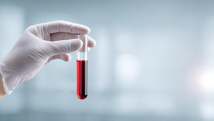 A gloved hand holds a test tube filled with blood, for science