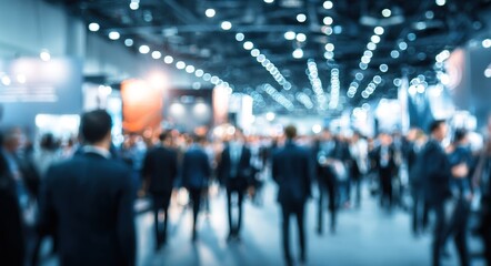 The image features a blurred view of a crowded indoor event with booth displays and people in suits, illuminated by overhead lighting. High quality