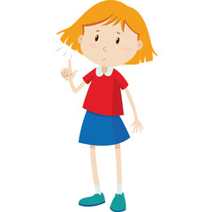 Cartoon girl with orange hair wearing red shirt and blue skirt with a question mark above her head for concept of thinking or confusion on transparent background