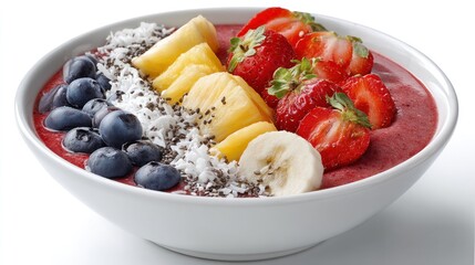 A vibrant red smoothie bowl with fresh fruits, including strawberries, blueberries, and bananas, topped with coconut flakes, chia seeds, and granola, set against a white background.