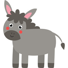 Cartoon Gray Donkey With Pink Inner Ears and Rosy Cheeks Standing on White Background