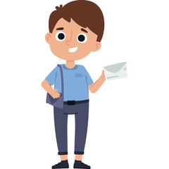 Young Boy Holding Envelope and Bag Smiling Happily While Wearing Blue T-shirt and Dark Blue Pants Isolated on White