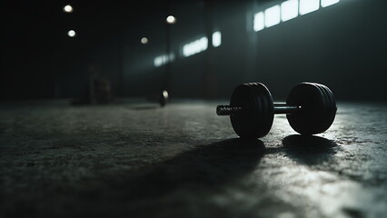A dumbbell on a gym floor.