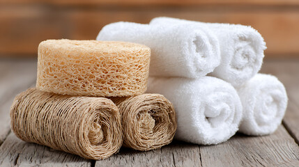 Soft White Towels and Natural Loofah Sponges Are Neatly Arranged on a Wooden Surface for a Calming Spa Experience