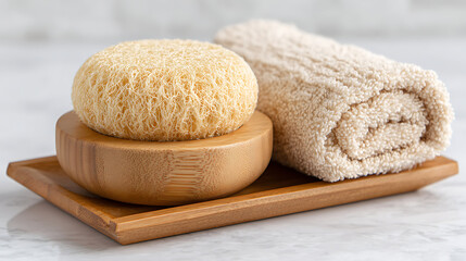 Spa Essentials Featuring a Natural Loofah, a Soft Towel, and a Wooden Tray on a Marble Countertop