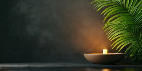 Wellness meditation detox concept. Tranquil scene featuring a candle and palm leaves against a dark background.