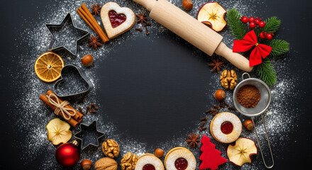 Gingerbread cookies tray christmas new year baking scene with rolling pin cookie cutters spices dried orange nuts powdered sugar festive wreath and joyful atmosphere