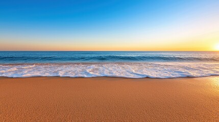Wellness meditation detox concept. Serene beach scene at sunset with gentle waves and a colorful sky.