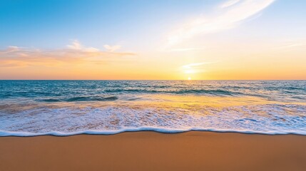 Wellness meditation detox concept. Vibrant sunset over ocean waves with sandy shore in the foreground.