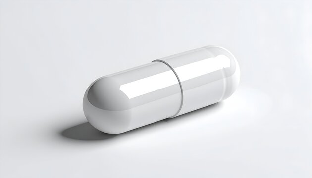 A close-up of a white capsule pill, slightly angled with a soft shadow on a white background