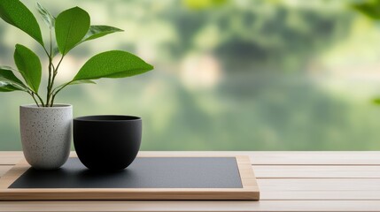 Wellness meditation detox concept. Minimalist indoor plants in stylish pots on a wooden surface with a blurred background.