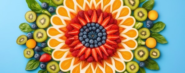 Wellness meditation detox concept. Colorful fruit arrangement resembling a sunflower on a blue background.