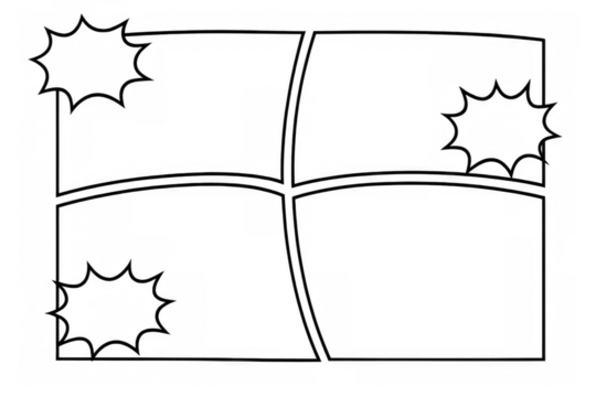 Comic book layout template with speech bubbles, empty panels for graphic novel or manga, transparent background