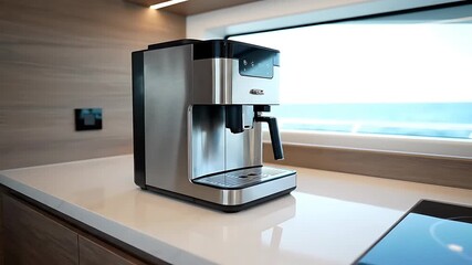 Sleek modern espresso machine in a luxury contemporary kitchen with stunning sea view Premium automatic coffee maker on a bright countertop ideal for gourmet