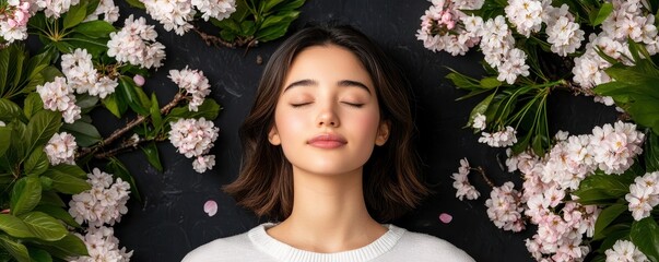 Wellness meditation detox concept. A serene woman surrounded by flowers, conveying tranquility and beauty.