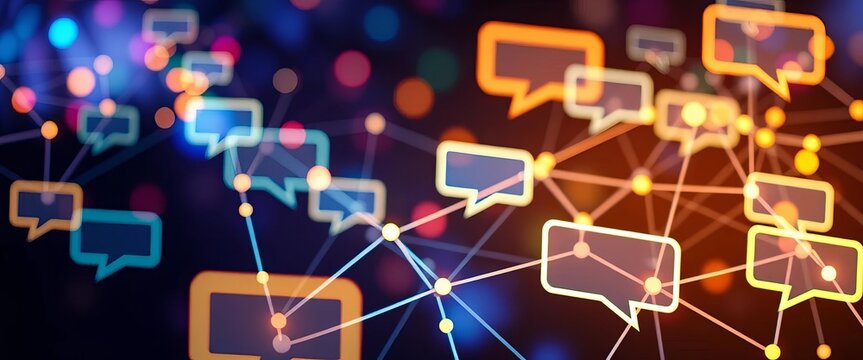 Abstract glowing network nodes forming conversation bubbles,  futuristic technology,  chat bubbles - Powered by Adobe