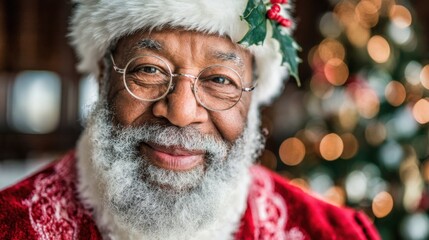 Smiling African American Santa Claus Portrait with Festive Holiday Background, Symbolizing Christmas Cheer and Celebration