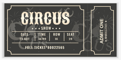 Vintage circus ticket in monochrome style. Dark background, silhouettes of artists, and fireworks. Perfect for shows, events, and invitations. Vector template for printing and web. © Uliya