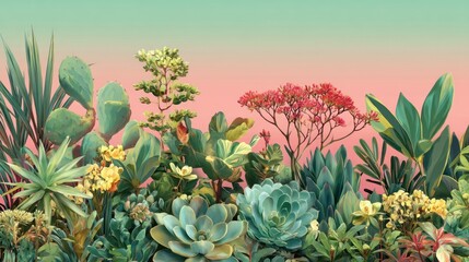 Fototapeta premium A vibrant, colorful succulent garden with a gradient background, featuring a variety of plants and flowers in shades of green, pink, and blue.