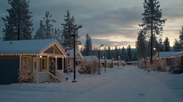 Snowy Winter Village at Dusk with Christmas Lights, Cottages, and Evergreen Trees under Overcast Sky