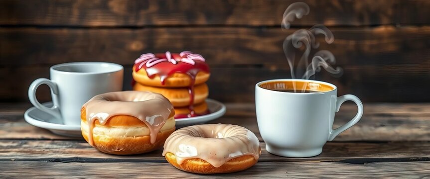 Glazed donuts and steaming coffee cups on rustic wood, pastry, rustic
