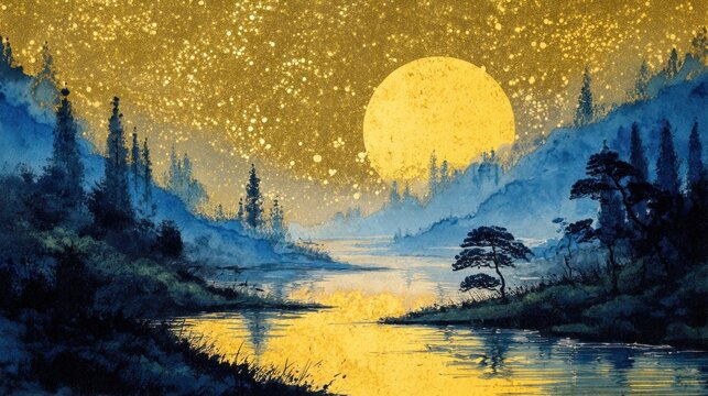A serene, moonlit forest landscape with a large, full moon in the sky, illuminated by a golden glow, and a river flowing through the foreground.