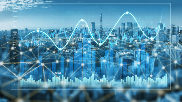 A captivating city skyline with illuminated data visualizations stands as a symbol of modern technology, illustrating economic growth and urban innovation in a digital landscape. Scalp
