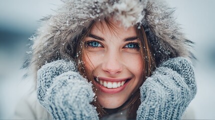Portrait of a cheerful woman wearing a fur hood and gloves, enjoying a snowy winter day