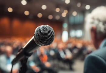 close up. speaker standing in front of the audience in the conference room. High quality