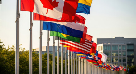 A Collection of International Flags Fluttering in the Breeze Against a Clear Sky, Representing Global Unity, Diplomacy, and Cultural Diversity in a Peaceful Setting