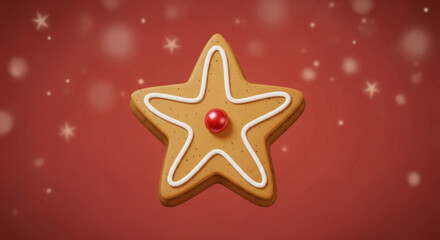 Fototapeta premium A charming gingerbread star cookie with red candy, perfect for christmas, on a festive red background with bokeh lights