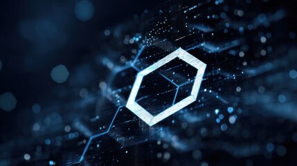 A digital hexagon with a blue and white color scheme, set against a dark blue background with a network of lines and dots, creating a futuristic and digital aesthetic.
