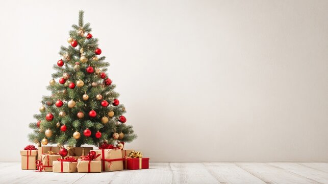 Festive Christmas Tree with Red and Gold Ornaments and Gift Boxes Against a Neutral Background