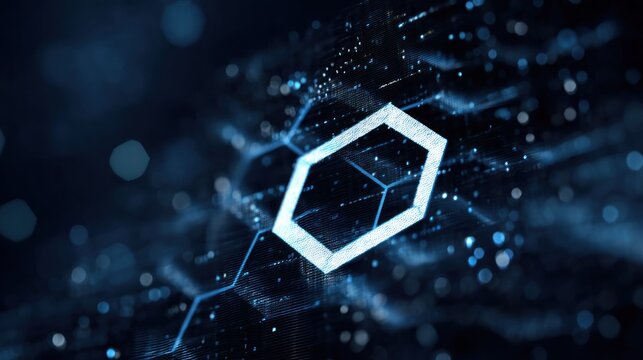 A digital hexagon with a blue and white color scheme, set against a dark blue background with a network of lines and dots, creating a futuristic and digital aesthetic.