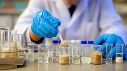 A scientist in a lab coat and gloves is conducting an experiment with a small sample of grain in a laboratory setting.