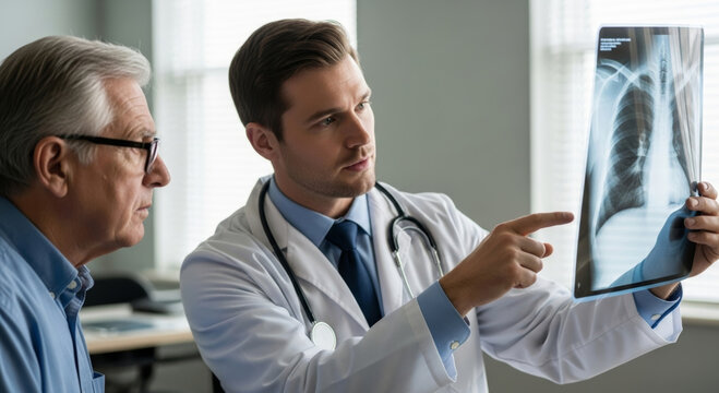 Young male doctor reviews chest x ray with older patient discussing lung screening and cancer check results in clinical consultation room