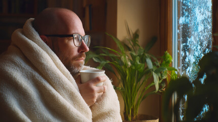 A man in a white blanket is holding a cup of coffee and looking out the window