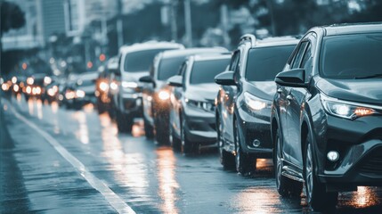 Traffic congestion in the city during a rainy day with cars lined up on the street