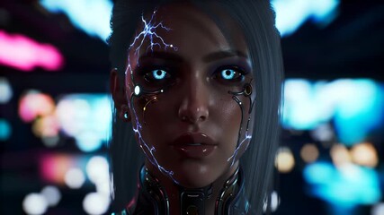 Cybernetic woman with glowing blue eyes and neural implants against a blurred cityscape background - Powered by Adobe