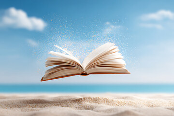Floating Book in the Air Above Sandy Beach With Ocean and Blue Sky in Background on a Sunny Day