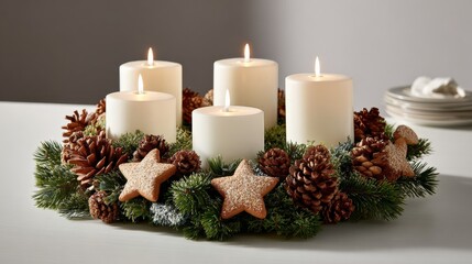 Festive Advent Wreath with Lit Candles, Pine Cones, and Star Cookies on a White Table