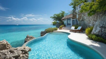 A luxurious, private beachfront villa with a stunning infinity pool overlooking the turquoise ocean, featuring a thatched roof and lush greenery.
