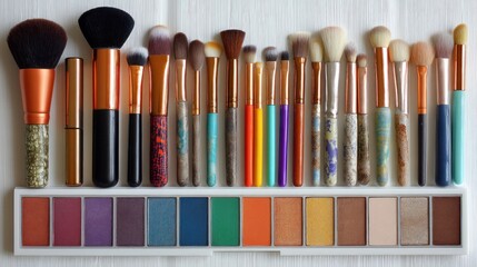 Naklejka premium A collection of makeup brushes and eyeshadows arranged in a horizontal line on a white background.