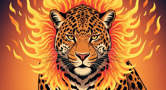 A Fierce Leopard Portrait with Fiery Mane Digital Artwork Depicting Strength and Wild Beauty, Ideal for Nature Enthusiasts and Wildlife Art Collectors Alike