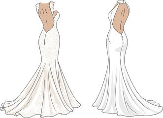 Elegant Fashion Illustration of Bridal Wedding Dresses with Lace and Satin Fabric, Perfect for Wedding Gown Design, Bridal Fashion, and Dress Sketches