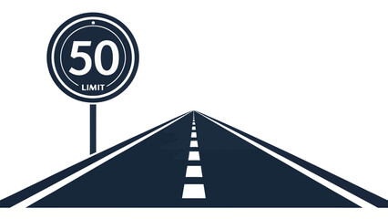 Drive Safely Ahead with a 50 Speed Limit Sign on a Long Road, Perfect for Transportation Safety Campaigns and Highway Regulations Awareness Graphics