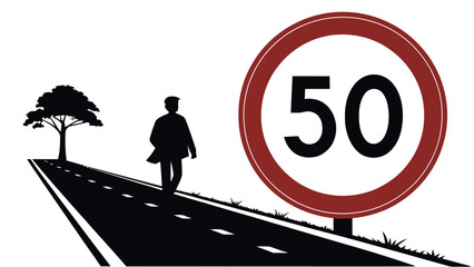 Silhouette of a man walking down a road with a tree and 50 speed limit sign suggesting transition, change, or a journey toward an age milestone
