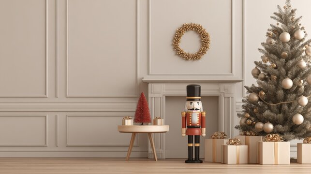 Elegant Christmas Interior with Tree, Gifts, and Nutcracker Decoration, Festive Holiday Season